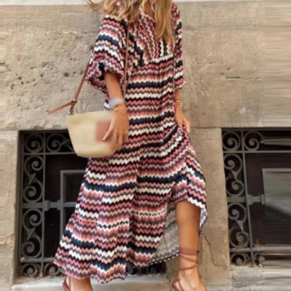 Women's Multicolor Chevron Patterned Puff Sleeve Retro Boho Maxi Dress Size M